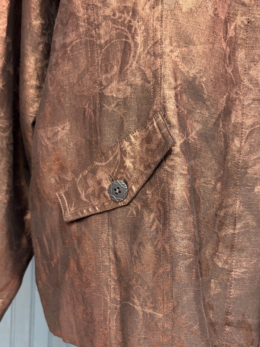 Chico’s Bronze Silk Linen Metallic Jacquard Jacket Size 3, XL, Silk Fall Jacket - Picture 6 of 10